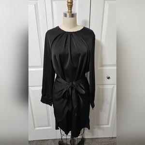 Black Long Sleevd Dress With Belted Wrap Tied In Front Or Back, Medium, NWOT
